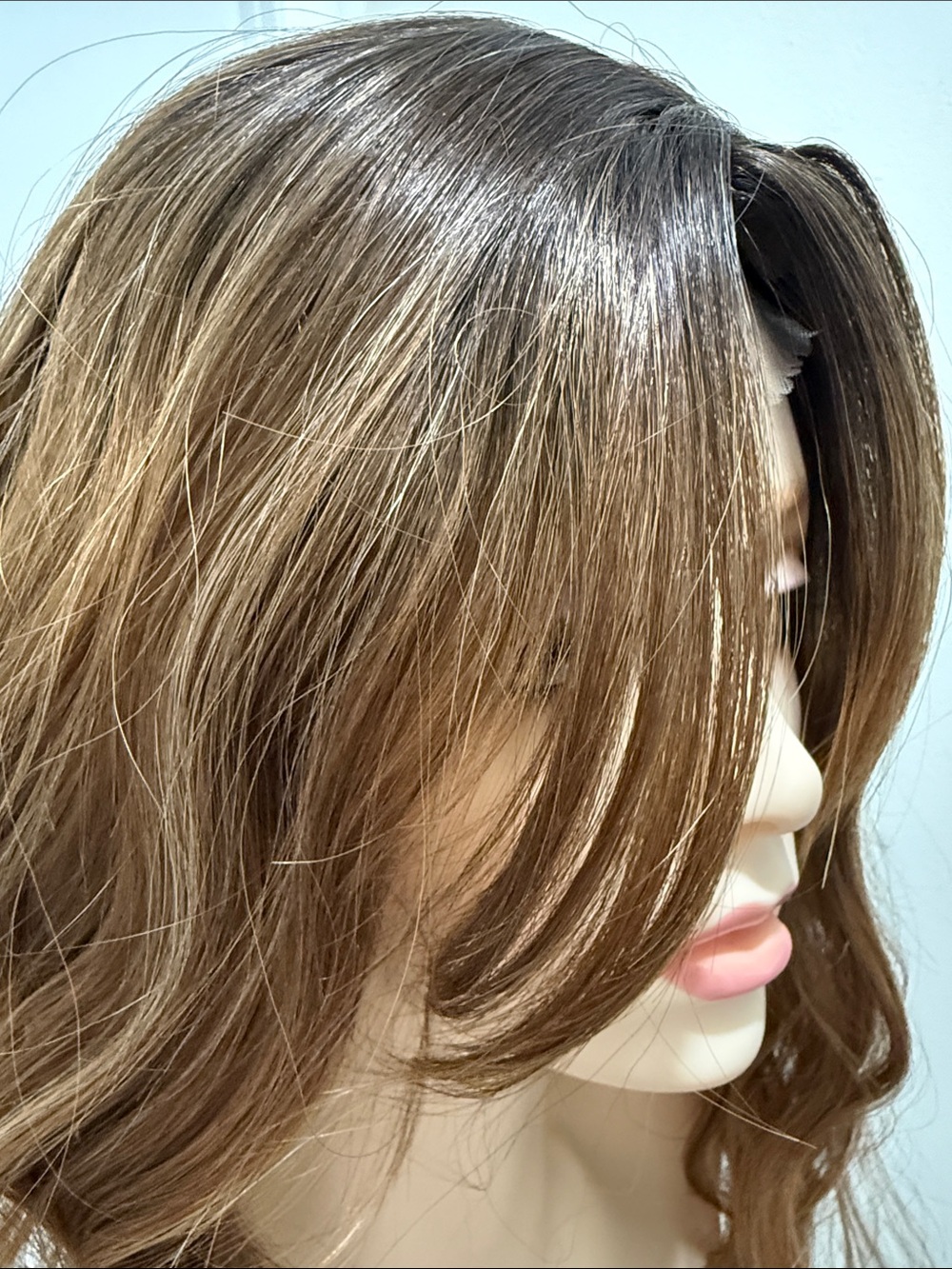 HAIR, 16” Wavy Topper, Center part, Brown with Carmel highlights
